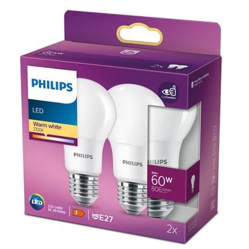 Set 2 becuri LED Philips A60M mate FR Set 2x8 60W 2700K 806lm E27 15.000h - 929001234334 - 8718699770167 - 871869977016700